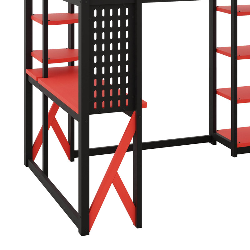 Lit mezzanine double en bois avec bureau, tablettes, prise de courant et connecteurs USB / Type-C, éclairage DEL