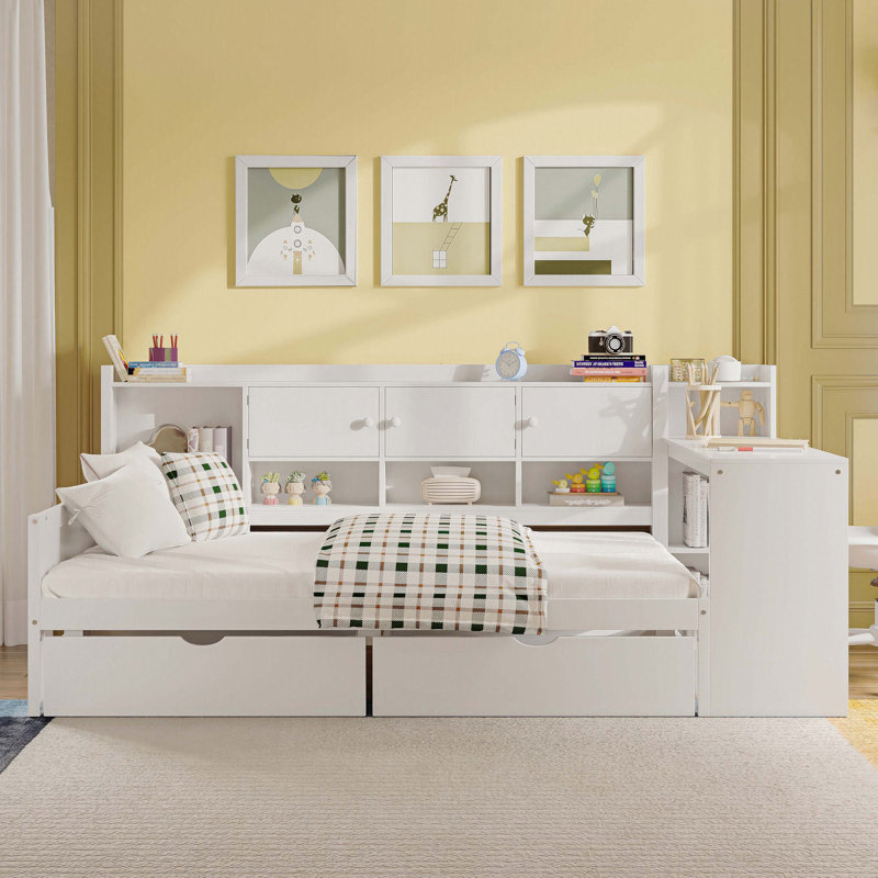 Wooden L-Shape Daybed with Seven Storage Cabinets and Two Storage Drawers, Multi-functional Bed with Study Desk and Built-in Bookshelf