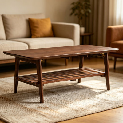 Table basse pliante avec tablette de rangement, table centrale en bois de style Mid-Century 47,2 po x 23,6 po, bureau à plancher bas pour s'asseoir sur le sol, table peu encombrante pour le salon, appartement, sans assemblage