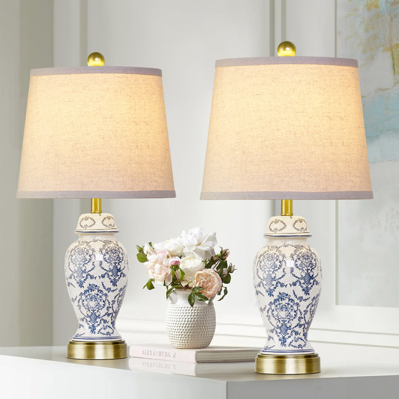 22” Blue White Porcelain Jar Lamp Set With Brass Base(Set Of 2)