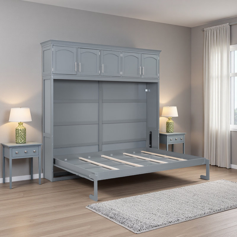 Unité murale escamotable avec armoires supérieures Murphy - Lit escamotable peu encombrant, Gris, Full