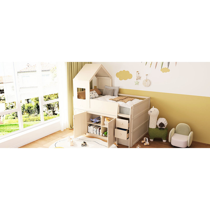 Lit mezzanine simple beige avec bureau coulissant, tiroirs de rangement et armoires fermées pour petites chambres