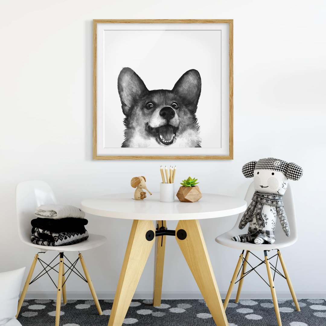 Gerahmtes Poster Illustration Hund Corgi Weiß Schwarz