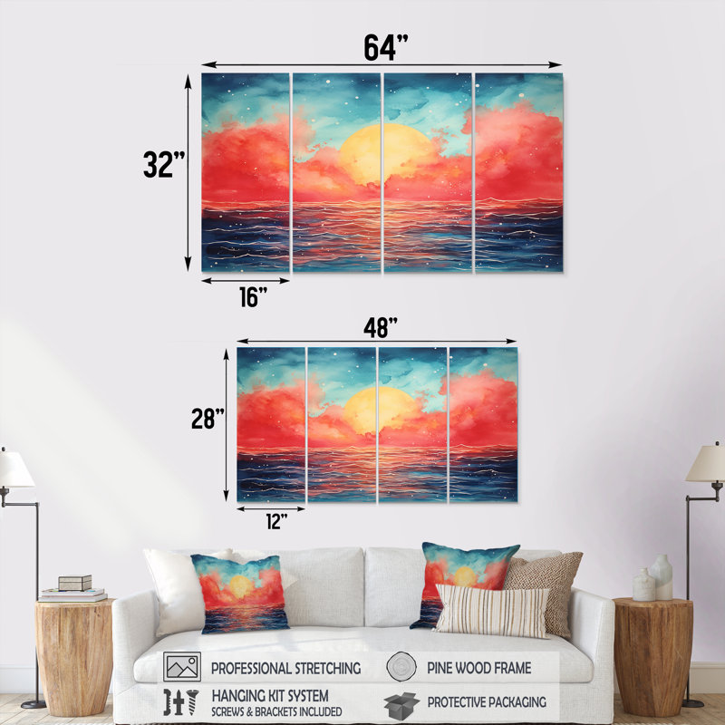 «Lake at Symphony Of Sunrise - Minimalisme abstrait», ensemble de 4 pièces d'art mural, H 28 po x l 48 po