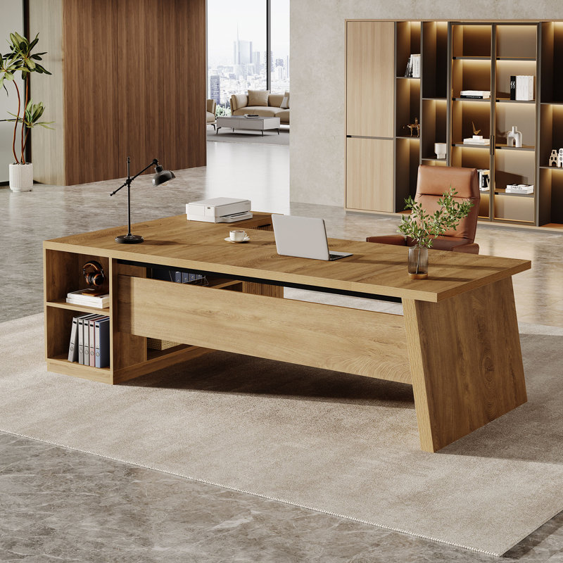 77.9 Inch L-Shaped Executive Office Desk With File Drawers And Cabinet For Home Office, Light Brown
