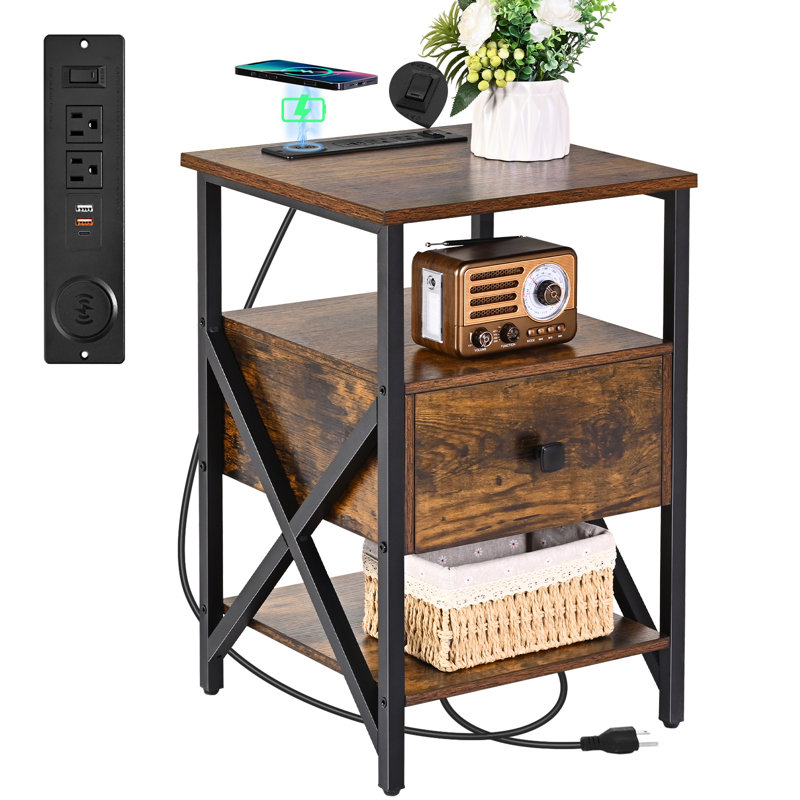 Table de bout avec charge sans fil, table de chevet de charge avec prises de courant, table de chevet de charge, petite table de bout avec tiroir