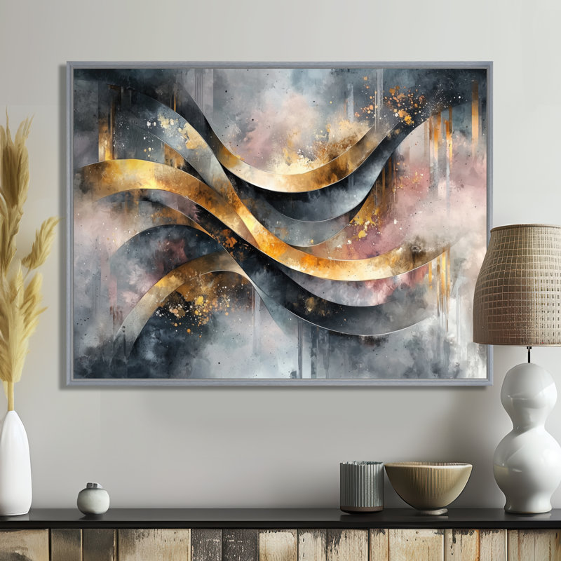 «Geometric Ink Pulse V - Abstract Spirals», art mural, H 34 po x l 44 po, Cadre flottant, Argent argent