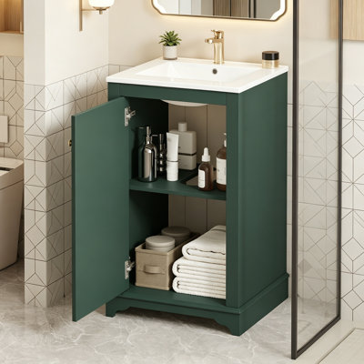 Meuble-lavabo de salle de bain avec lavabo en céramique, porte à fermeture douce et tablette réglable