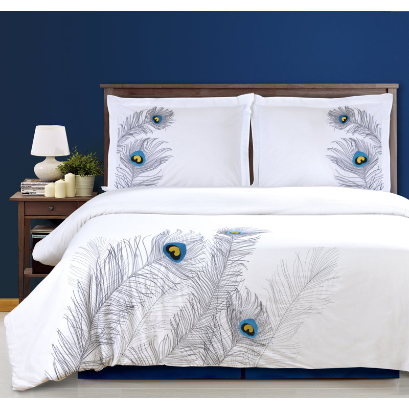 Sadin Cotton Peacock Embroidered Duvet Cover Set, King/California King + 2 King Shams, Silver