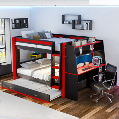 Lit superposé multifonctionnel avec lumière DEL, bureau et rangement