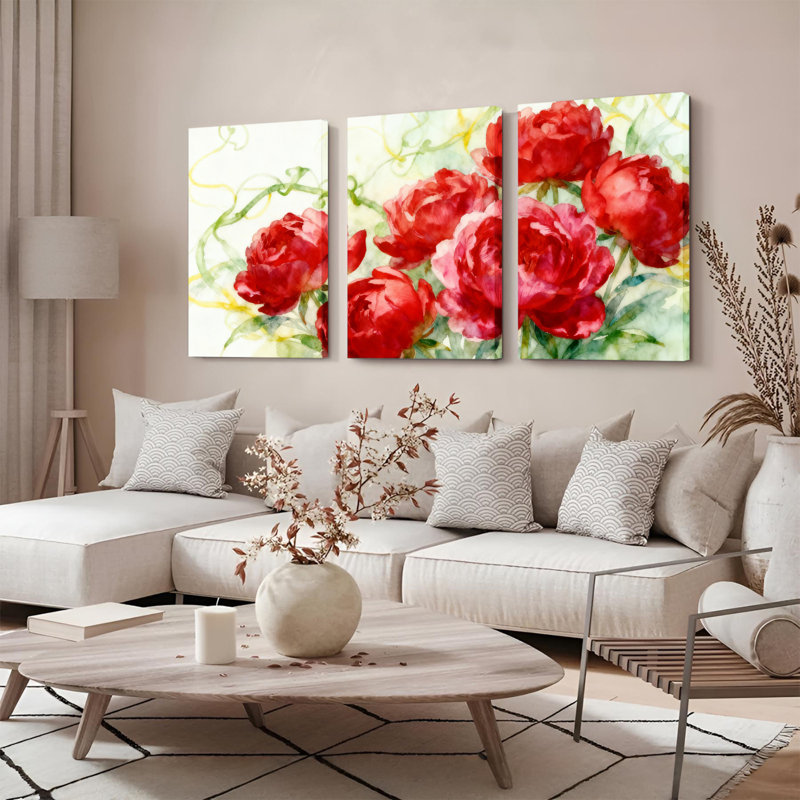 Ensemble de 3 toiles murales à motifs floraux aquarelle de roses rouges, H 18 po x l 36 po