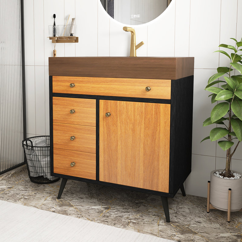 Meuble-lavabo autoportant de 30 pouces avec lavabo en céramique et plateau en pierre frittée, avec 3 tiroirs et 1 porte à fermeture en douceur