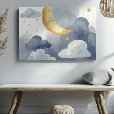 Wall Art Golden Crescent Moon And Clouds Canvasserene Nursery Canvas Ready To Hang Gallery Wrapped Home Decor Modern Design Premium Quality