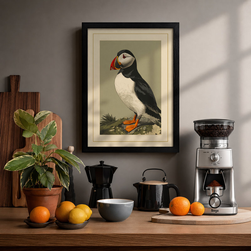 Puffin Study Botanical - Framed Print, A2 - 59.4 x 42.0 cm, Black