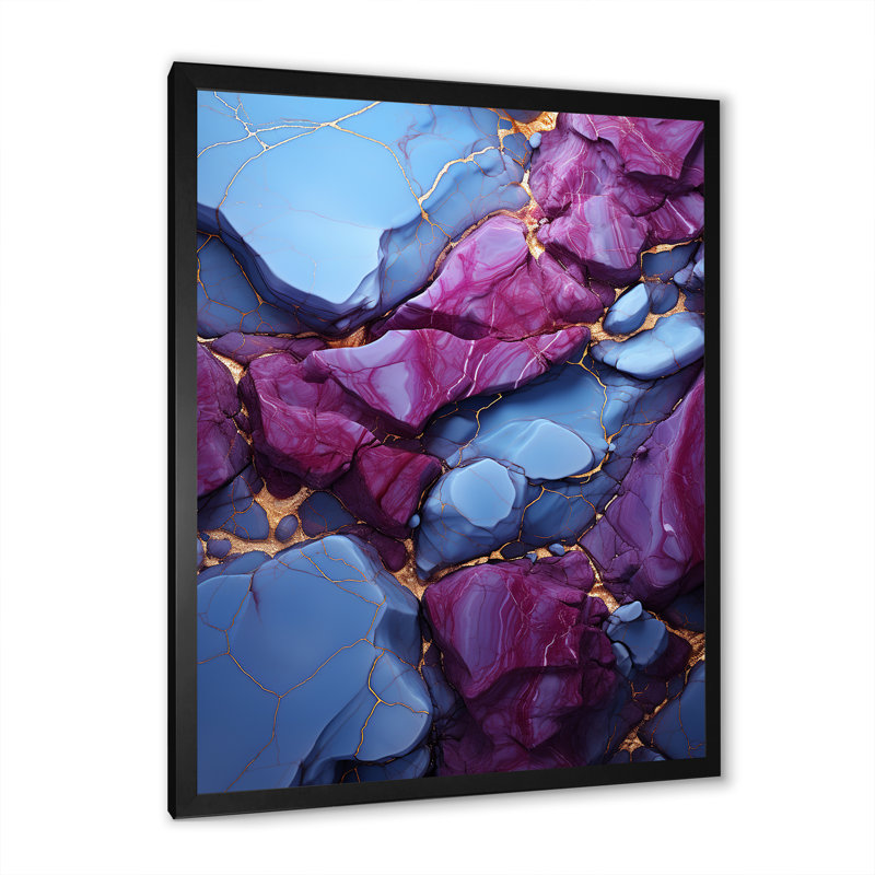 Volcan de marbre bleu et mauve sans soudure II - décoration murale abstraite, Cadre simple noir, H 32 po x l 16 po x P 1 po