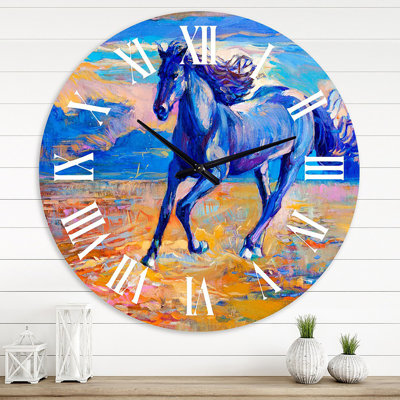 Horloge murale «Blue Horse» au galop au-dessus de la prairie