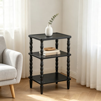 Mid-Century Modern Small End Table, 3-Tier Side Table with Anti-Spill Edge, Wood Accent Nightstand for Living Room, Bedroom, Small Spaces, Spindle Legs