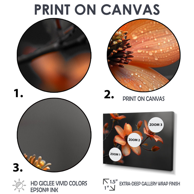 Fleur d'été cornouiller monochrome orange noir II - cornouiller, Toile avec cadre flottant brun, H 28 po x l 60 po x P 1,5 po