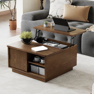 Lift Top Coffee Table, 31" Square Center Table With Sliding Door, Space-saving Fluted Coffee Desk With Hidden Storage Compartment And Shelf, For Living Room, Home Office