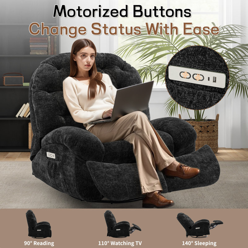 Oversized Electric Recliner Chair, 270 Swivel Rocking Rocker For Adults, Black