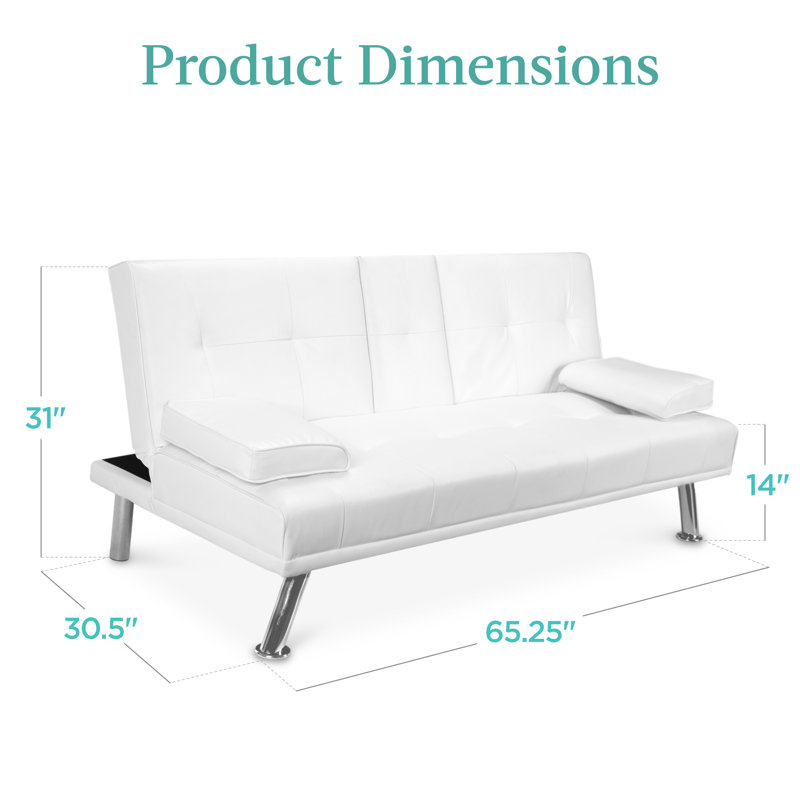Owlex Modern Convertible Futon Sofa w/ Removable Armrests, 2 Cupholders, White Faux Leather