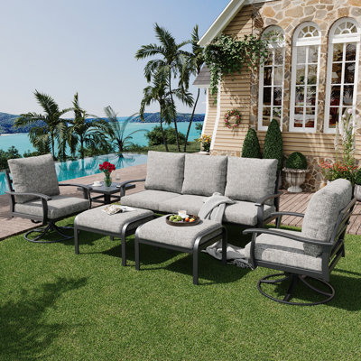 6 PCS Outdoor Metal Conversation Set With 360° Swivel Rocking Chairs, Sofa, &Ottoman For Patio, Garden, Deck Or Poolside by Winston Porter