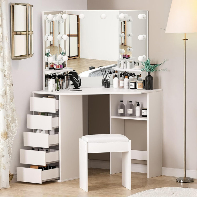 Ensemble de coiffeuse avec miroir à trois volets et éclairage à DEL, bureau d'angle avec tabouret, tiroirs et tablettes