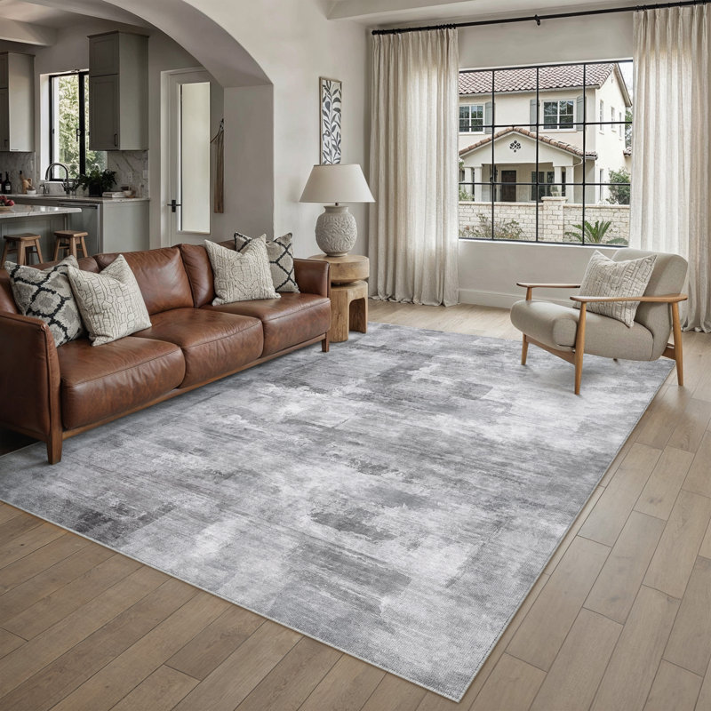 Tapis abstrait lavable à la machine avec envers antidérapant Elroy, Gray, 0.35", Rectangle 6 pi x 9 pi