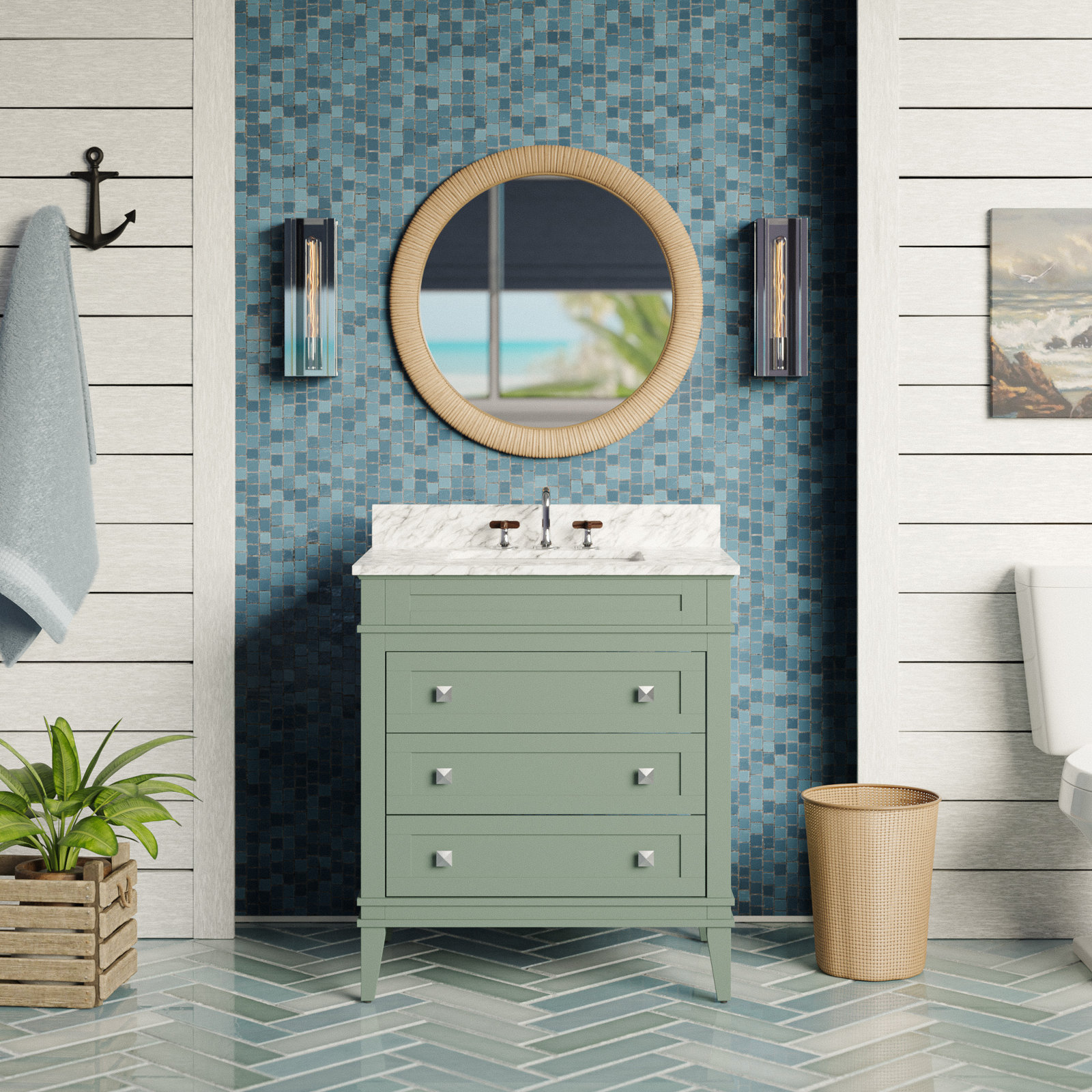 30'' Single Bathroom Vanity, Carrara Marble, Sage Green