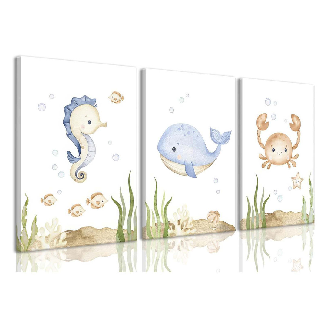 Ocean Nursery Decor, Set Of 3, Framed Canvas Prints, Under The Sea, Room, Kids Bathroom, Bedroom Wall Art