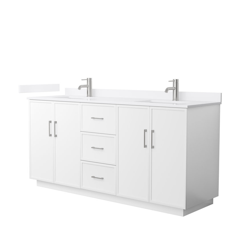 Meuble-lavabo double autoportant 72 po avec plateau en quartz Elan TK, Quartz blanc, Blanc, Nickel brossé