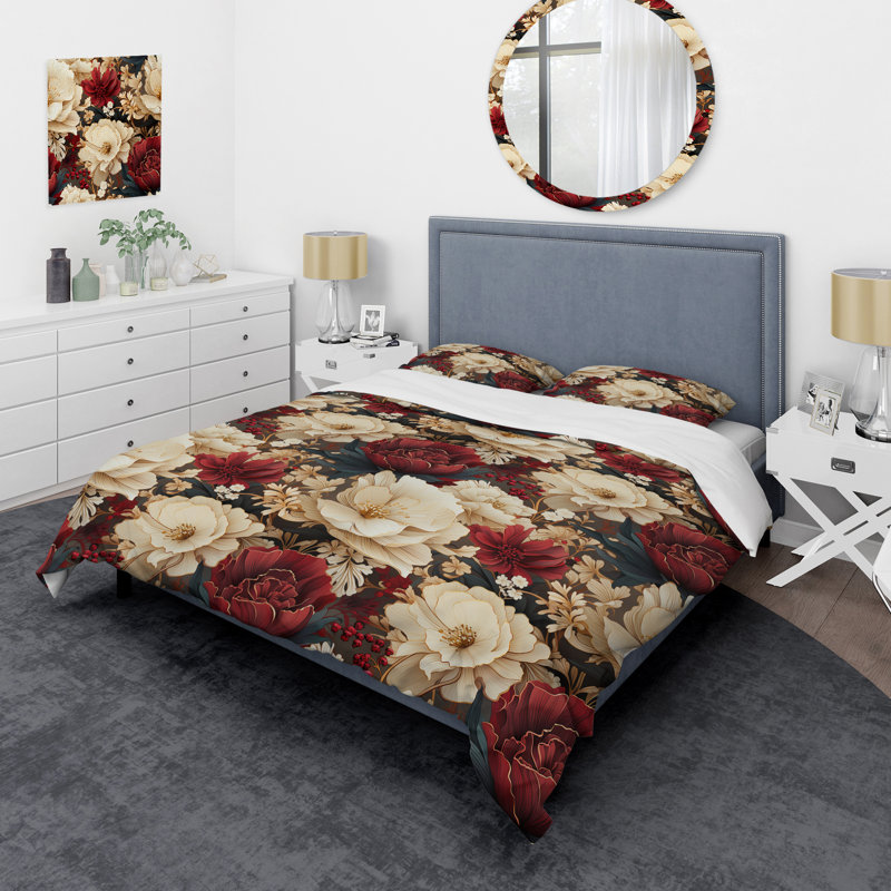 Ensemble de housse de couette à motif de coquelicots riches beige et rouge opulent III