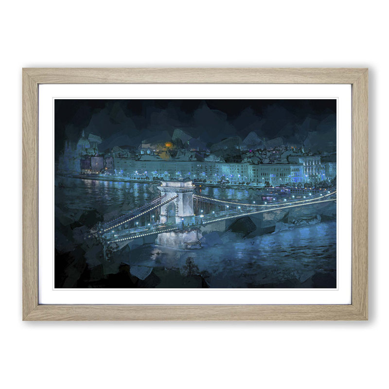 Chain Bridge in Budapest in Abstract - Picture Frame Painting Print, Oak Framed, 62cm H x 87cm W x 2cm D