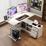 L-Shaped Gaming Desk With Storage - 3 Drawers, Shelves & Cabinet - Heavy-Duty Steel Frame & Dual-Tier Desktop
