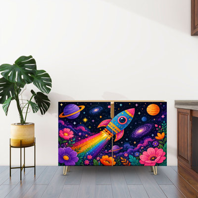 Sideboard Buffet Cabinet with Storage Colorful Rocket Launching Space Rainbows Planets with 2 Doors for Living Room and Kitchen