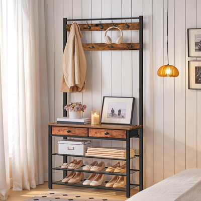 Portemanteau avec banc et rangement pour chaussures - Portemanteau pour hall d'entrée avec 9 crochets, 2 tiroirs en tissu et un range-chaussures à 4 niveaux [Brun rustique et noir] - [Bois / Rustique / Hall d'entrée]