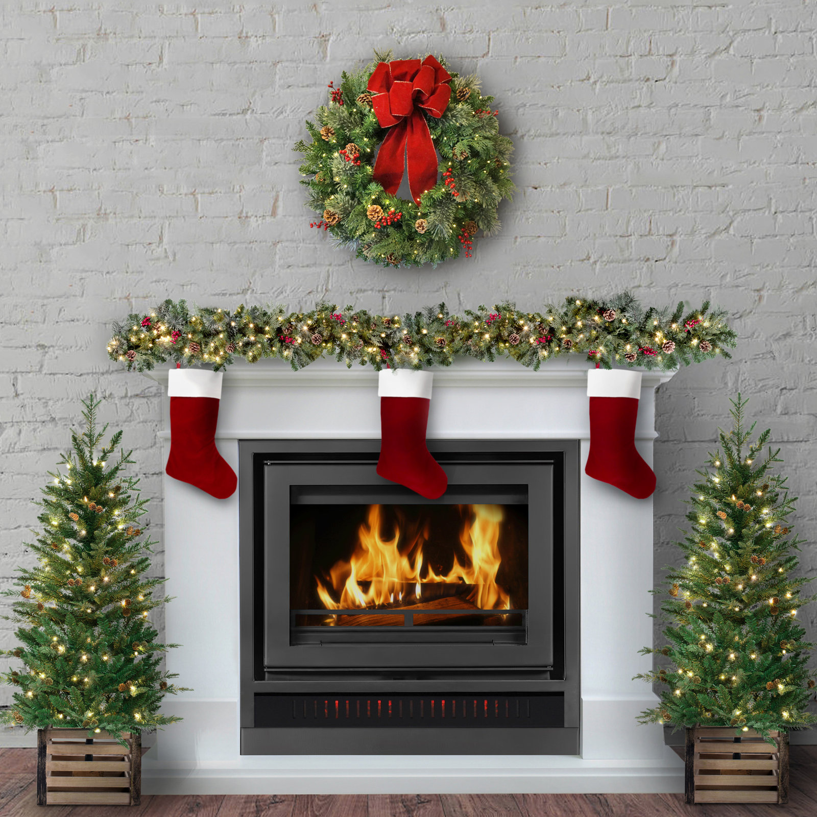 2 Piece Lighted 4' Potted Trees, 9' Garland, and 24" Wreath Set