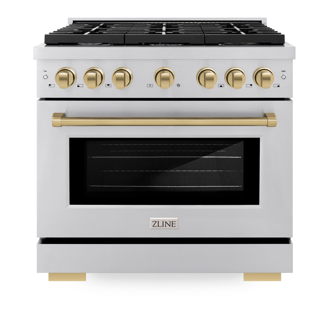 ZLINE Autograph Edition 36 in. 5.2 cu. ft. Paramount Dual Fuel Range W/ 6 Burner Gas Cooktop & Electric Convection Oven in Stainless Steel W/ Champagne Bronze Accents (SDRZ-36-CB) ZLINE