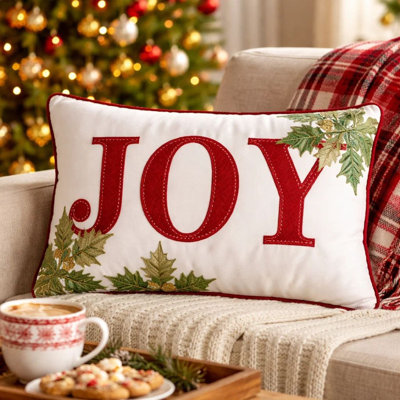 Coussin lombaire de Noël, accents de velours rouge et feuilles vertes, 14 x 20