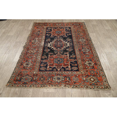 Tapis unique en laine noué à la main de style années 1900 de 4 pi 9 po x 5 pi 10 po bleu / rouille / beige