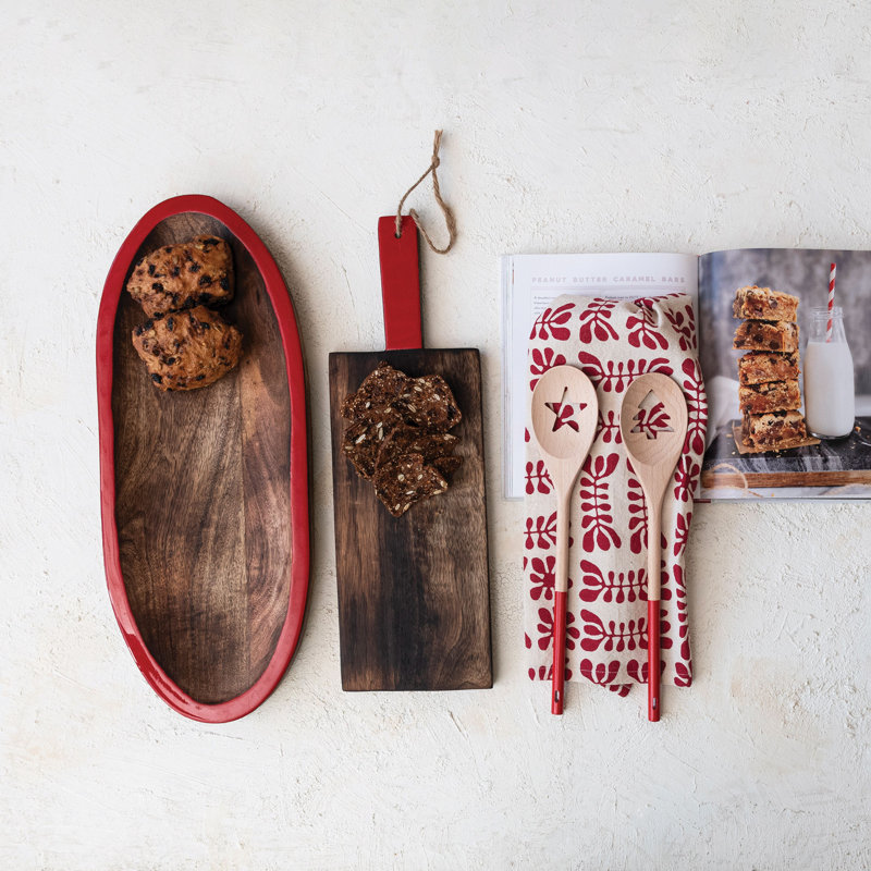 Hand-Carved Mango Wood Oval Tray With Enameled Edge