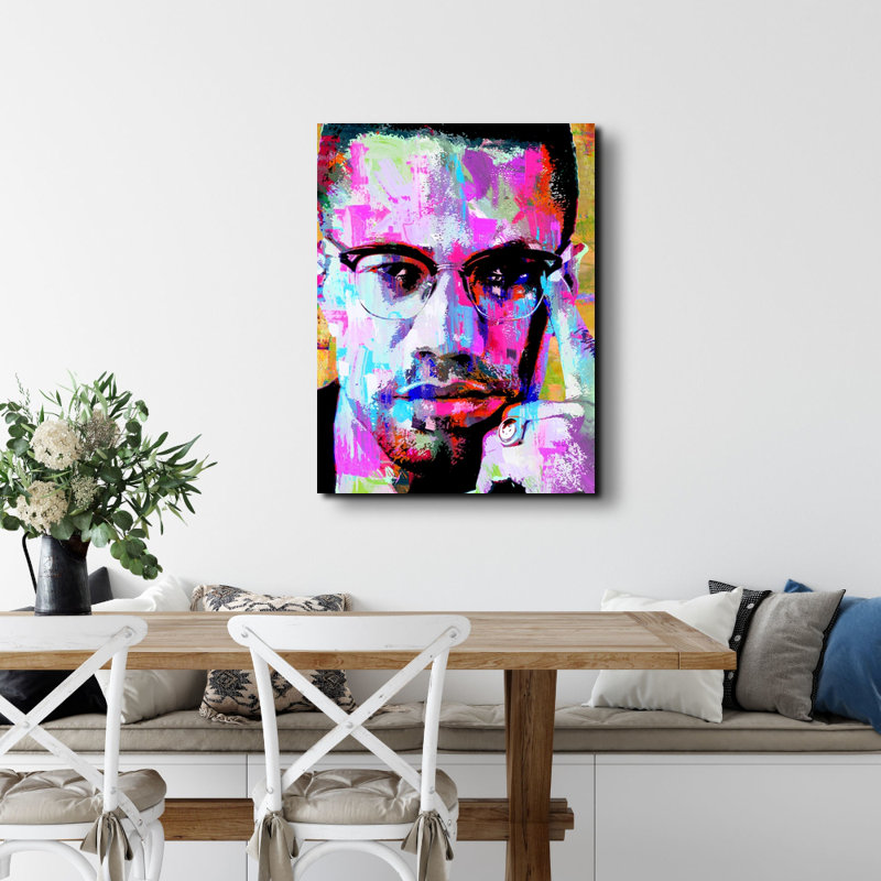 «Malcolm X» par Stephen Chambers - peinture sur toile tendue, H 18 po x l 15 po