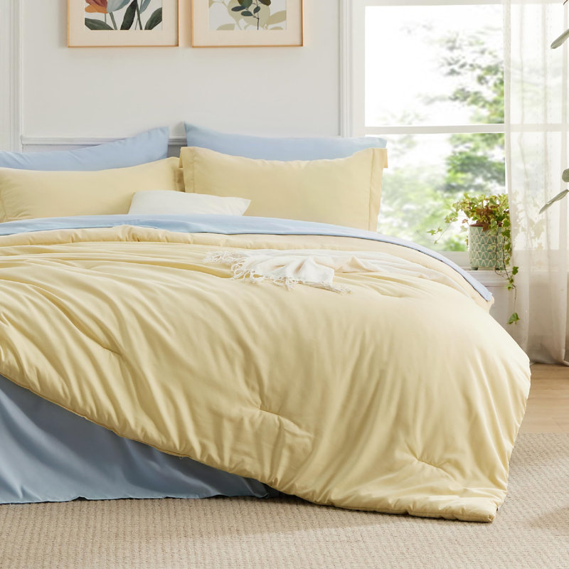 Ensemble d'édredon jaune très grand - ensemble de literie très grand 7 pièces, ensemble de lit dans un sac avec édredon, draps, taies d'oreiller et taies décoratives