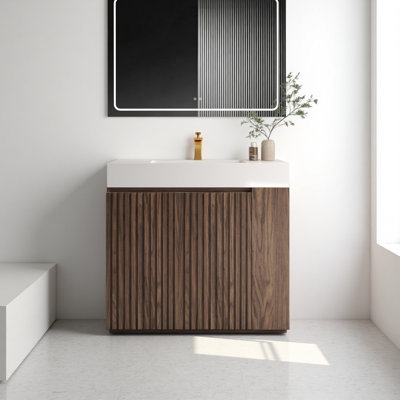 Meuble-lavabo de salle de bain avec lavabo, grand meuble-lavabo autoportant avec rangement pour salle de bain moderne, lavabo en quartz blanc une pièce