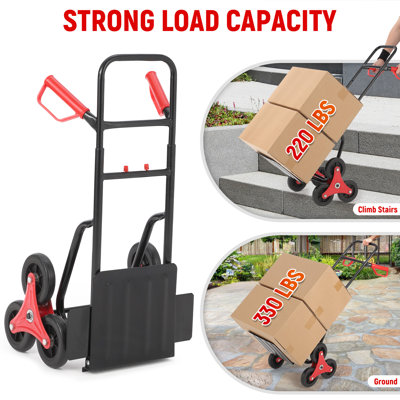 Chariot de manutention pour escaliers (100 à 150 kg) noir et rouge, avec base pliable, poignée télescopique et 6 roues en caoutchouc. Parfait pour le transport de bagages, l'entreposage et le shopping.