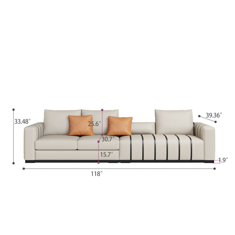 118'' Oversized  Modern 6-Seater Fuax Leather Sofa with Square Armrests, Luxury Upholstered Strip Accent Sofa Couch with Metal Legs for Living Room, Beige White and Black Strip