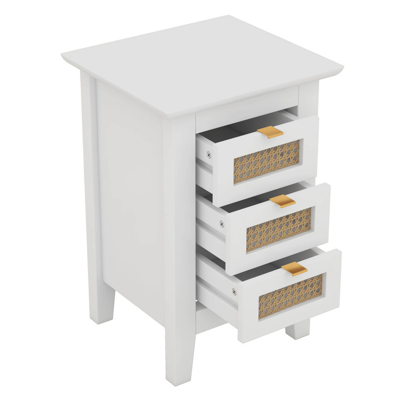 Lit plateforme double en bois avec tête de lit et tables de chevet en rotin naturel, Double, Blanc / Naturel