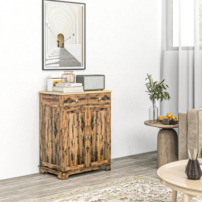 Sideboard Storage Unit - Rustic Brown With Solid Wood Countertop. 2 Drawers, Doors, Adjustable Shelf. For Dining, Kitchen. 26.75"W X 15.75"D 33.5"H Modern Cabinet Fits Multiple Rooms.