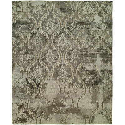 Damask Hand-Knotted Wool Area Rug in Gray
