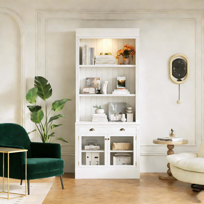 83.4"Tall Bookshelf with LED Lighting, Modern Bookcase with 2 Glass Doors and 1 Drawer,Storage Bookcase with Open Shelves for Living Room,Home Office,White
